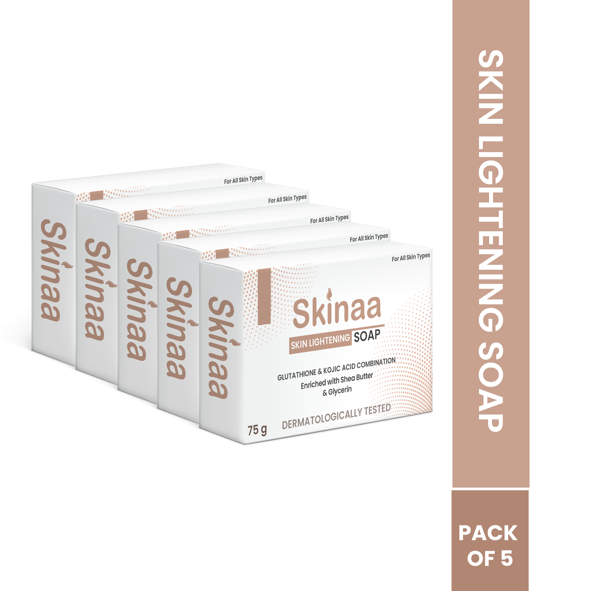 Skinaa Skin Lightening Soap Pack of 5 with Glutathione and Kojic Acid, enriched with Shea Butter and Glycerin for glowing, nourished, and healthy skin.